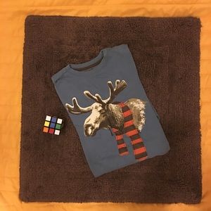 Super cute moose on a super soft shirt.
